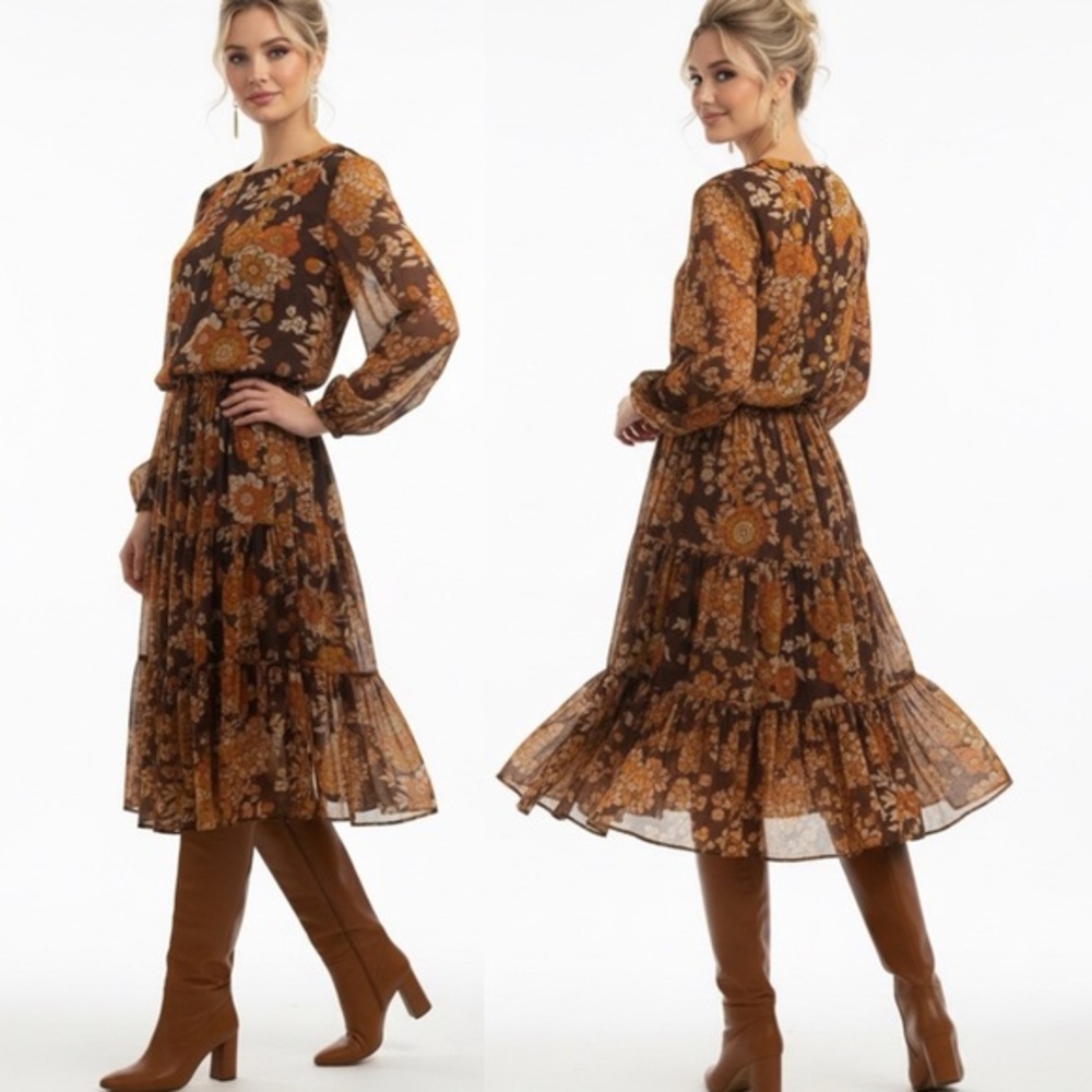 Manoush French Designer Semi Sheer Long Sleeve Tiered Dress Vintage Boho S/M